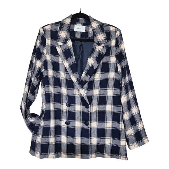 Rollas Horizon Check Flannel Blazer Navy Plaid Double-Breasted Womens 8 Flawless - Picture 2 of 9